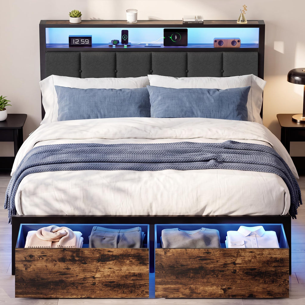 Full Bed Frame with Storage Drawers and LED Lights V682812