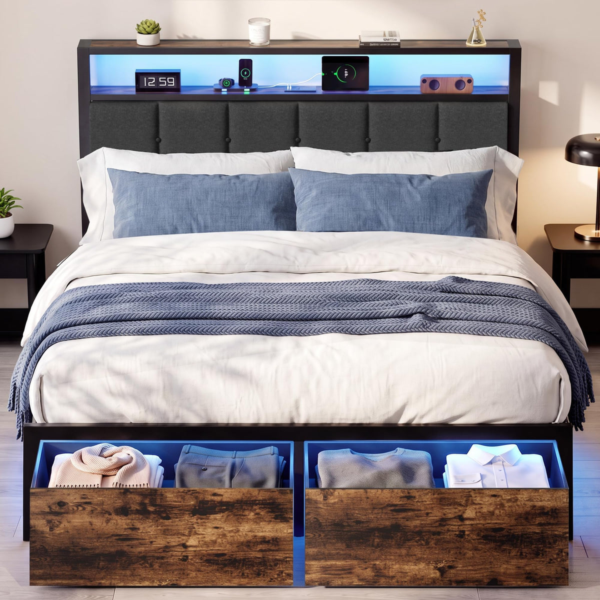 Full Bed Frame with Storage Drawers and LED Lights V682812