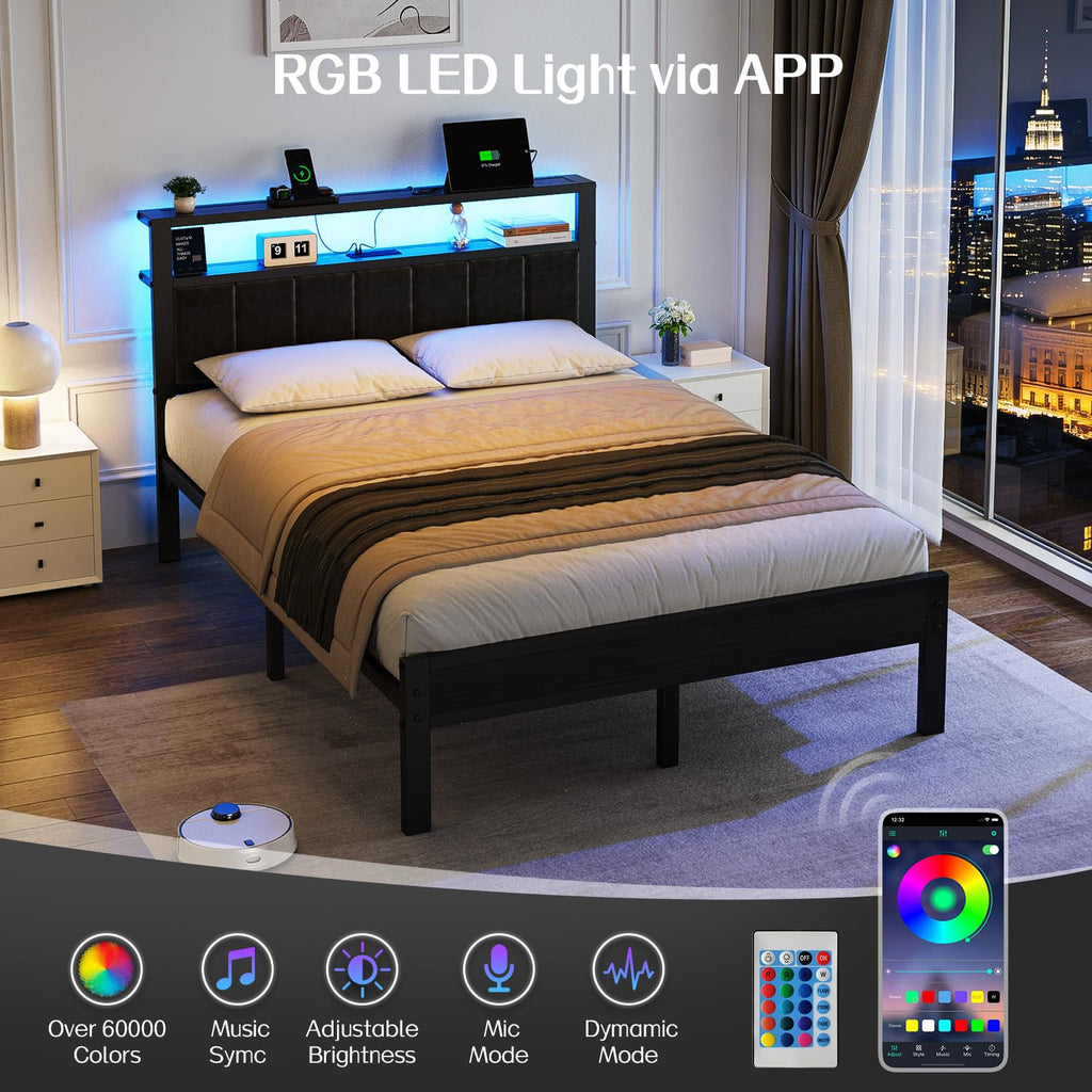 Full Size Bed Frame with LED Lights & Charging Station V611870