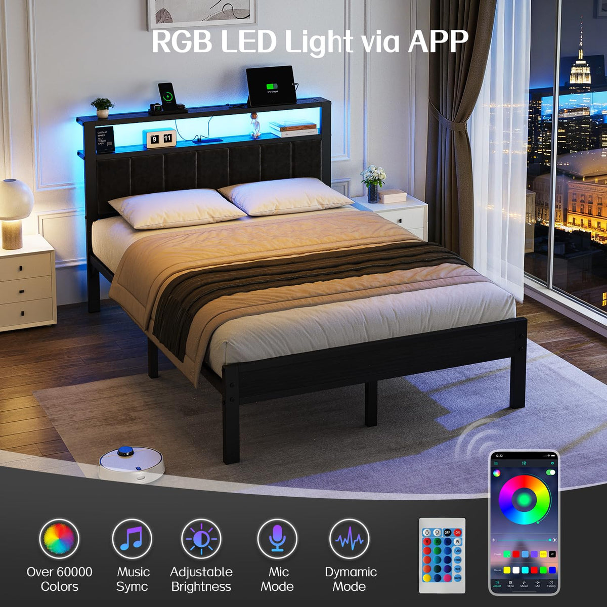 Full Size Bed Frame with LED Lights & Charging Station V611870