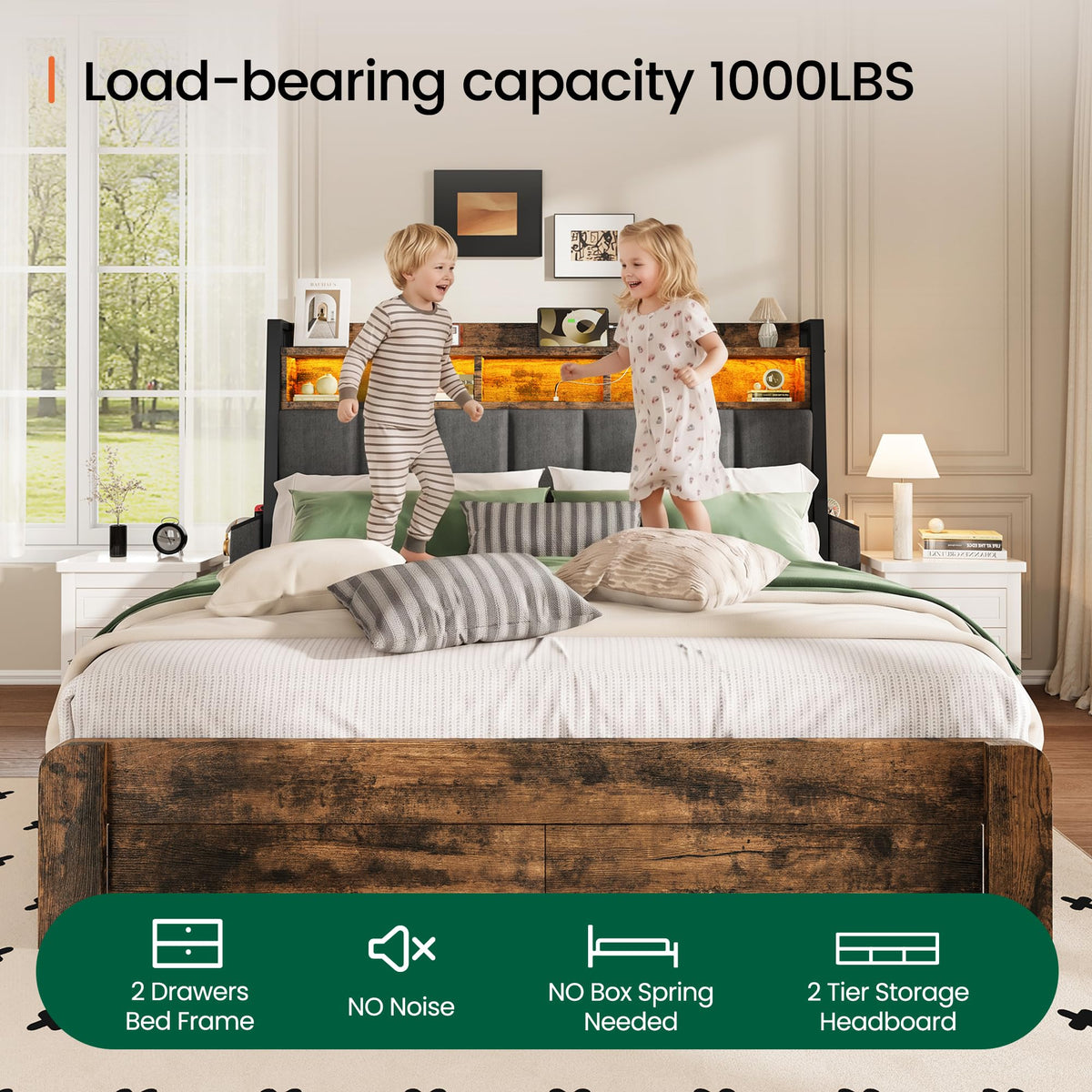 King Size Upholstered Bed Frame with 2 Storage Drawers and Charging Station O8863