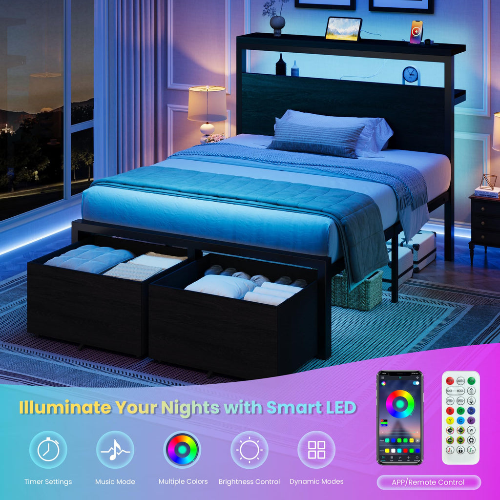 Twin LED Bed Frame with 2 Storage Drawers U892156