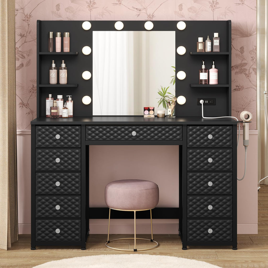 Black Vanity Desk with Mirror and Lights, 11 Drawers P657