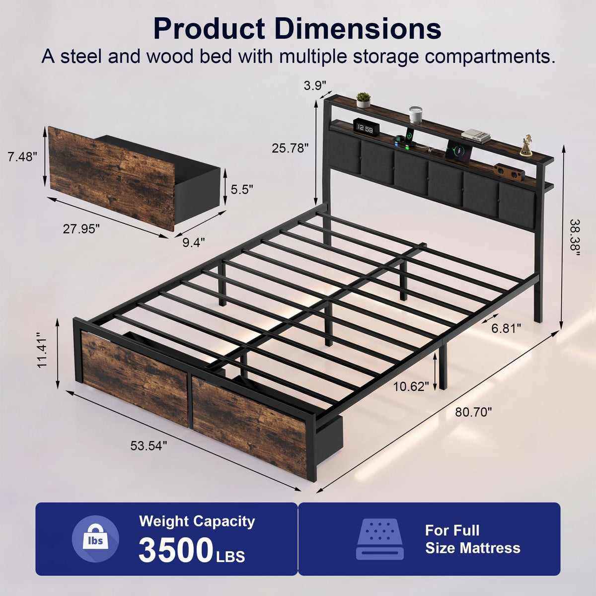 Full Bed Frame with Storage Drawers and LED Lights V682812
