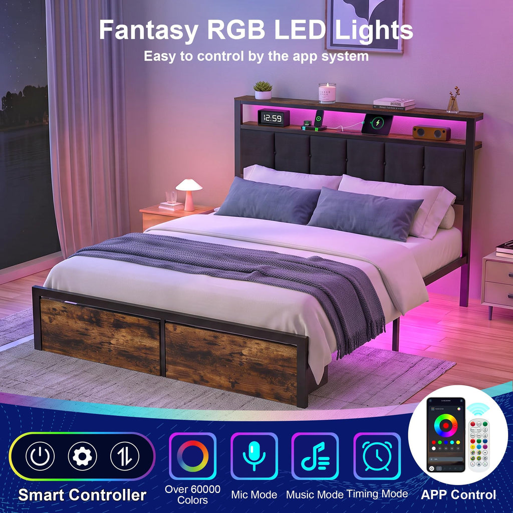 Full Bed Frame with Storage Drawers and LED Lights V682812