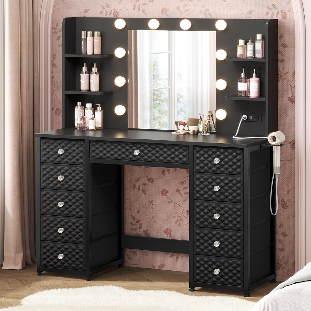 Black Vanity Desk with Mirror and Lights, 11 Drawers P657