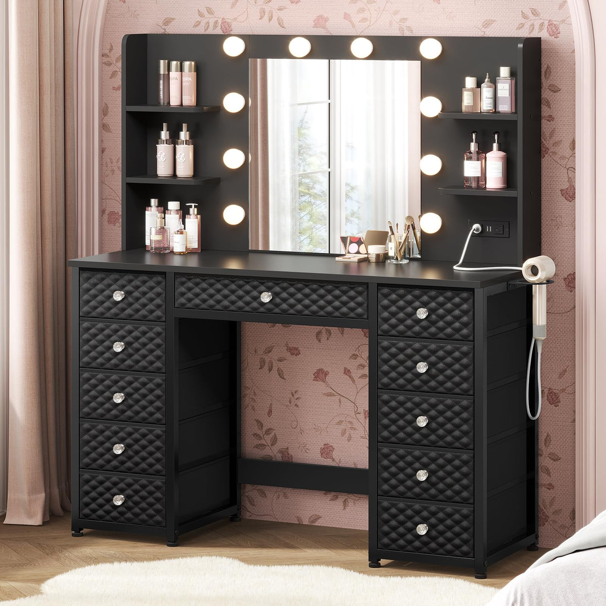 Black Vanity Desk with Mirror and Lights, 11 Drawers P657