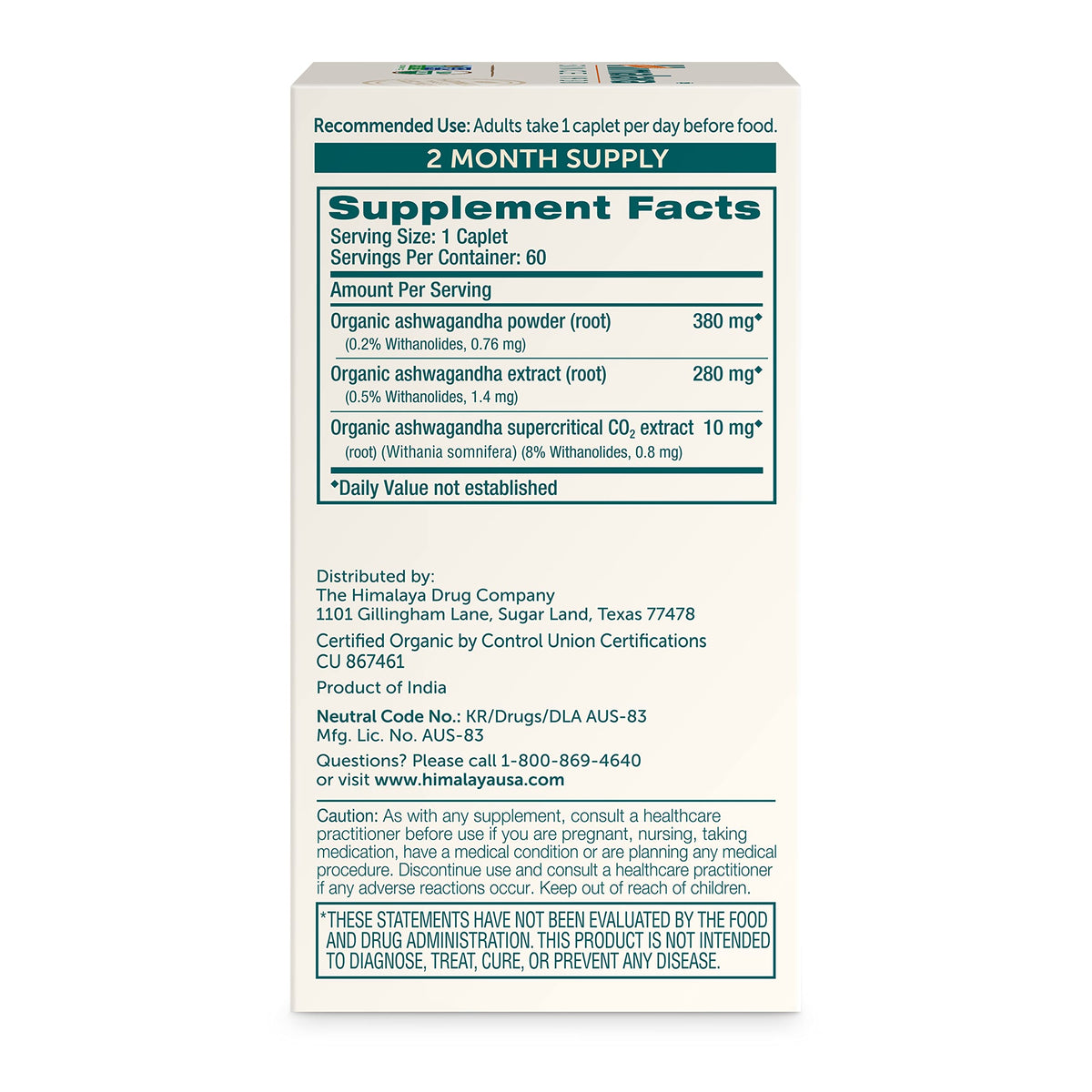 USDA Organic Ashwagandha Root 670 mg 60 Caplets H606025