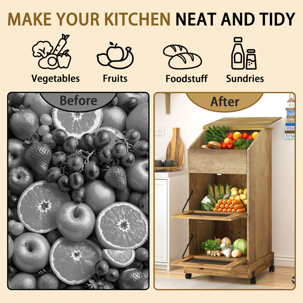 3 Tier Wooden Potato and Onion Storage Bin with Wheels Y6349