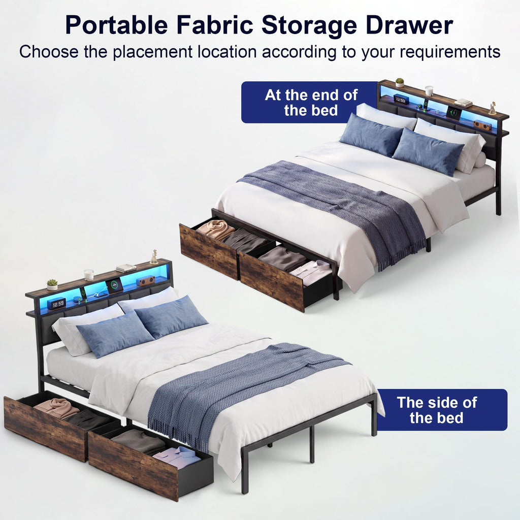 Full Bed Frame with Storage Drawers and LED Lights V682812
