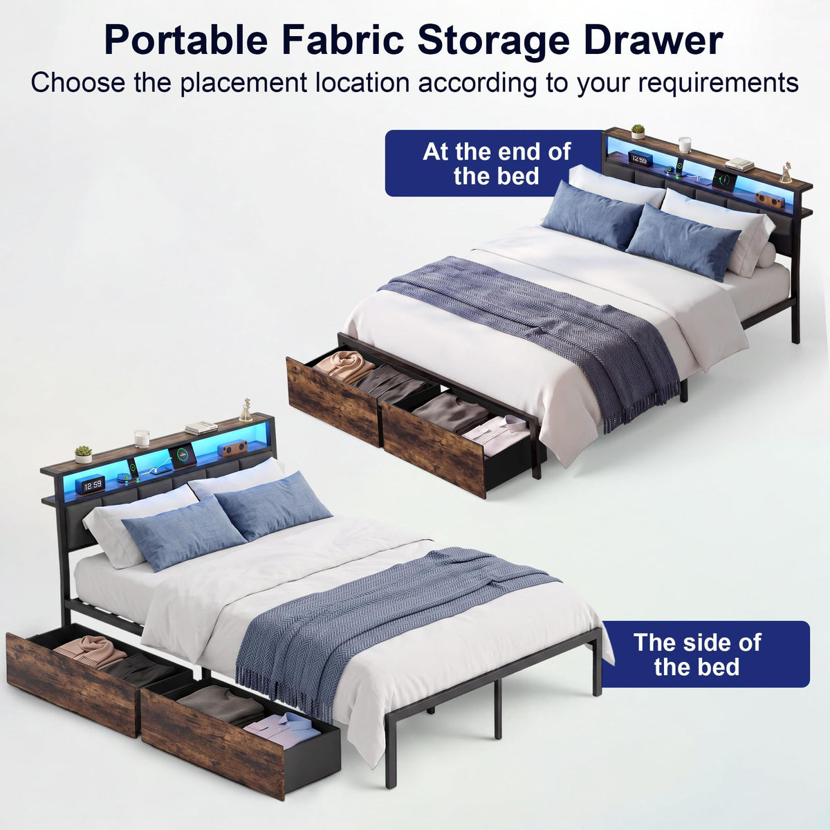 Full Bed Frame with Storage Drawers and LED Lights V682812