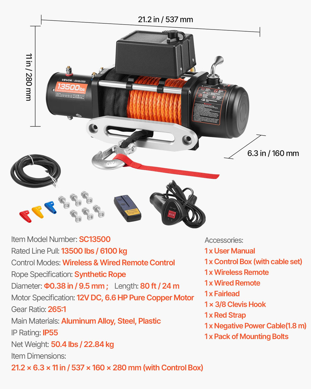 13,500 lb 12V DC Electric Truck Winch with Synthetic Rope Z118062