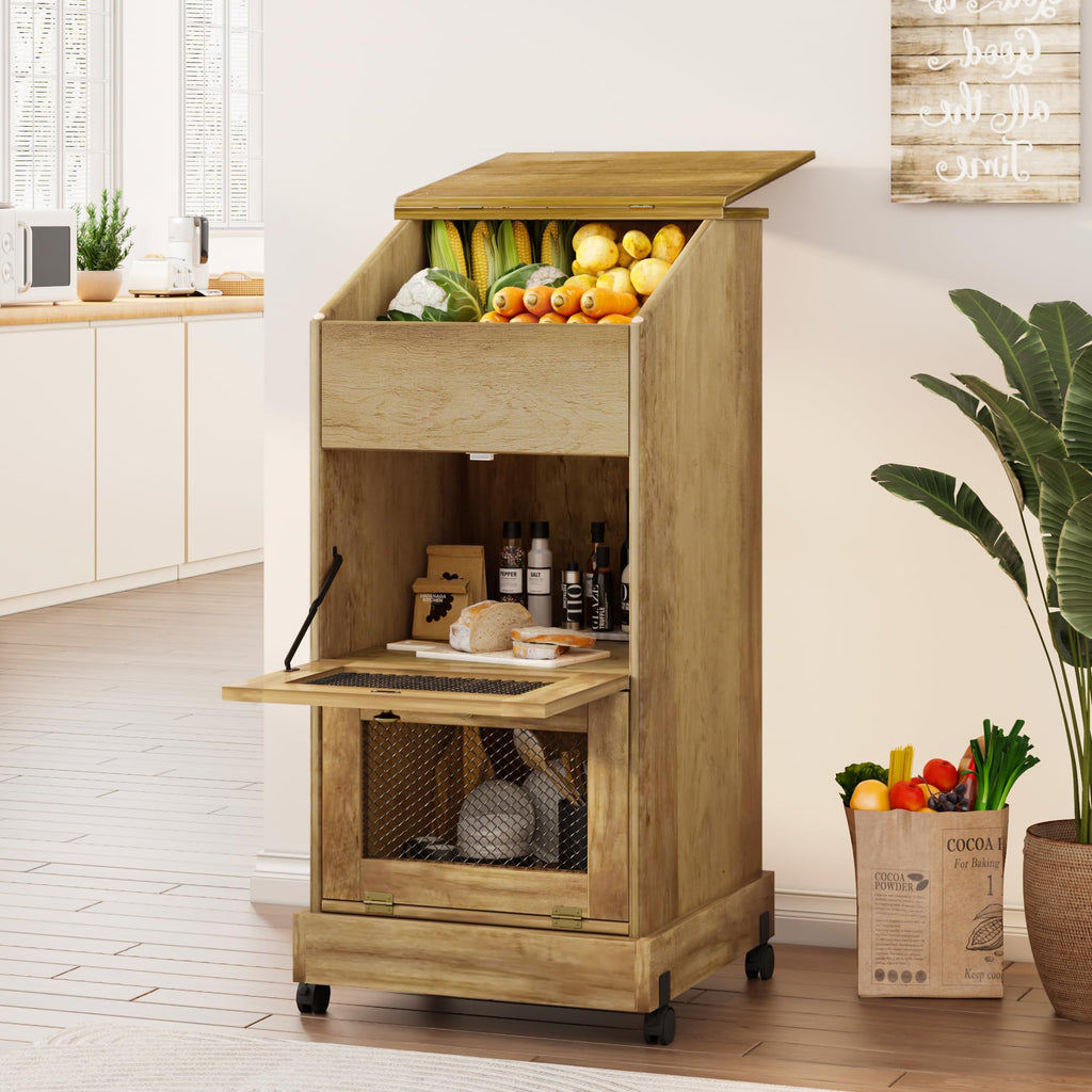 3 Tier Wooden Potato and Onion Storage Bin with Wheels Y6349