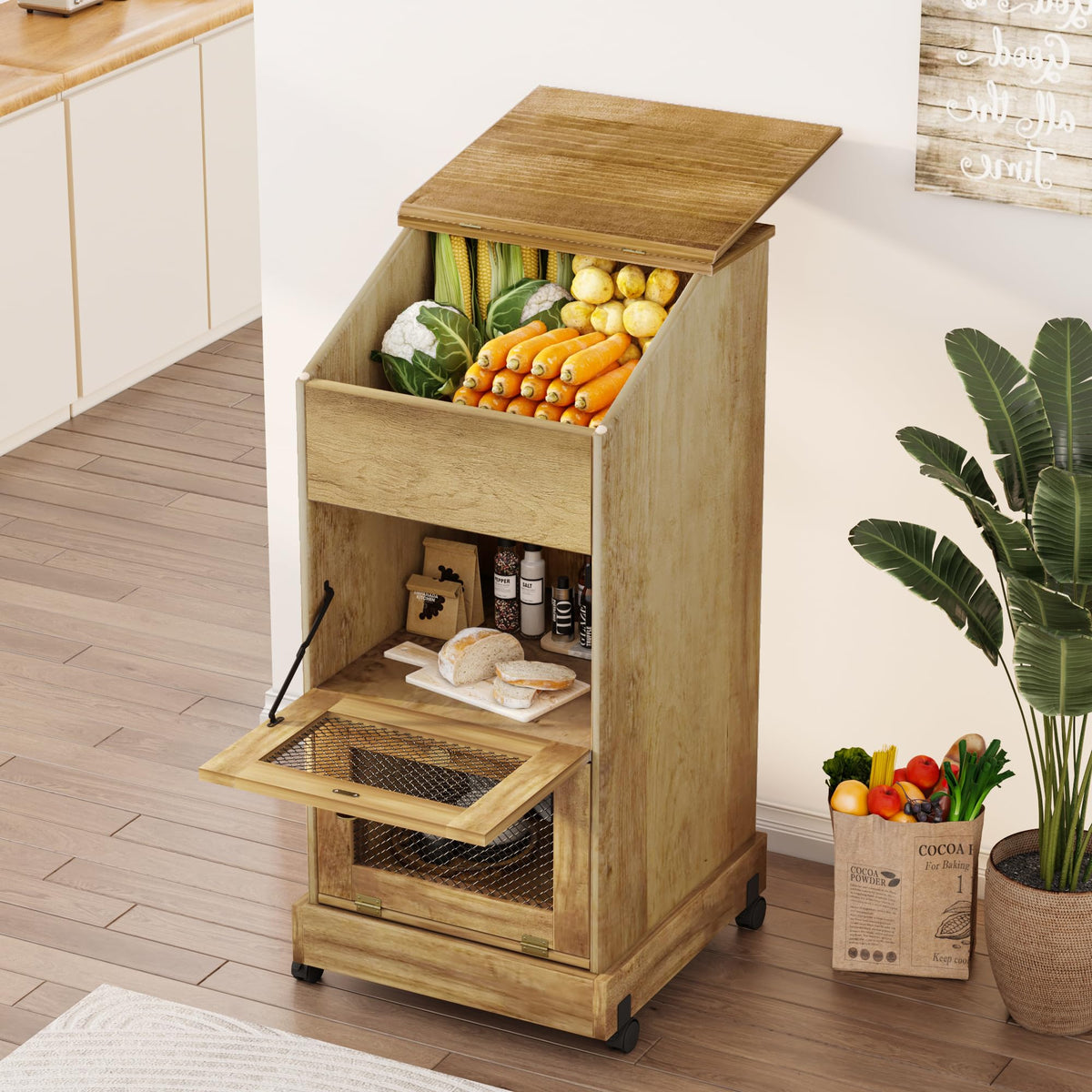 3 Tier Wooden Potato and Onion Storage Bin with Wheels Y6349