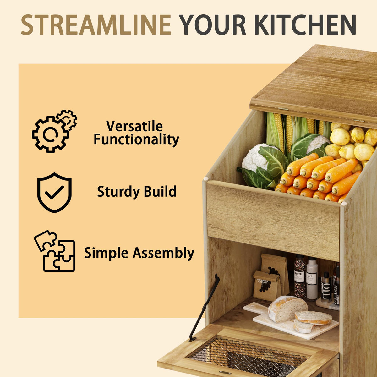 3 Tier Wooden Potato and Onion Storage Bin with Wheels Y6349