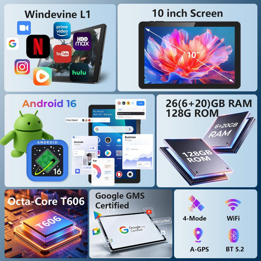 Android Tablet 10 inch, 26GB RAM 128GB ROM 7000 mAh Black W3978