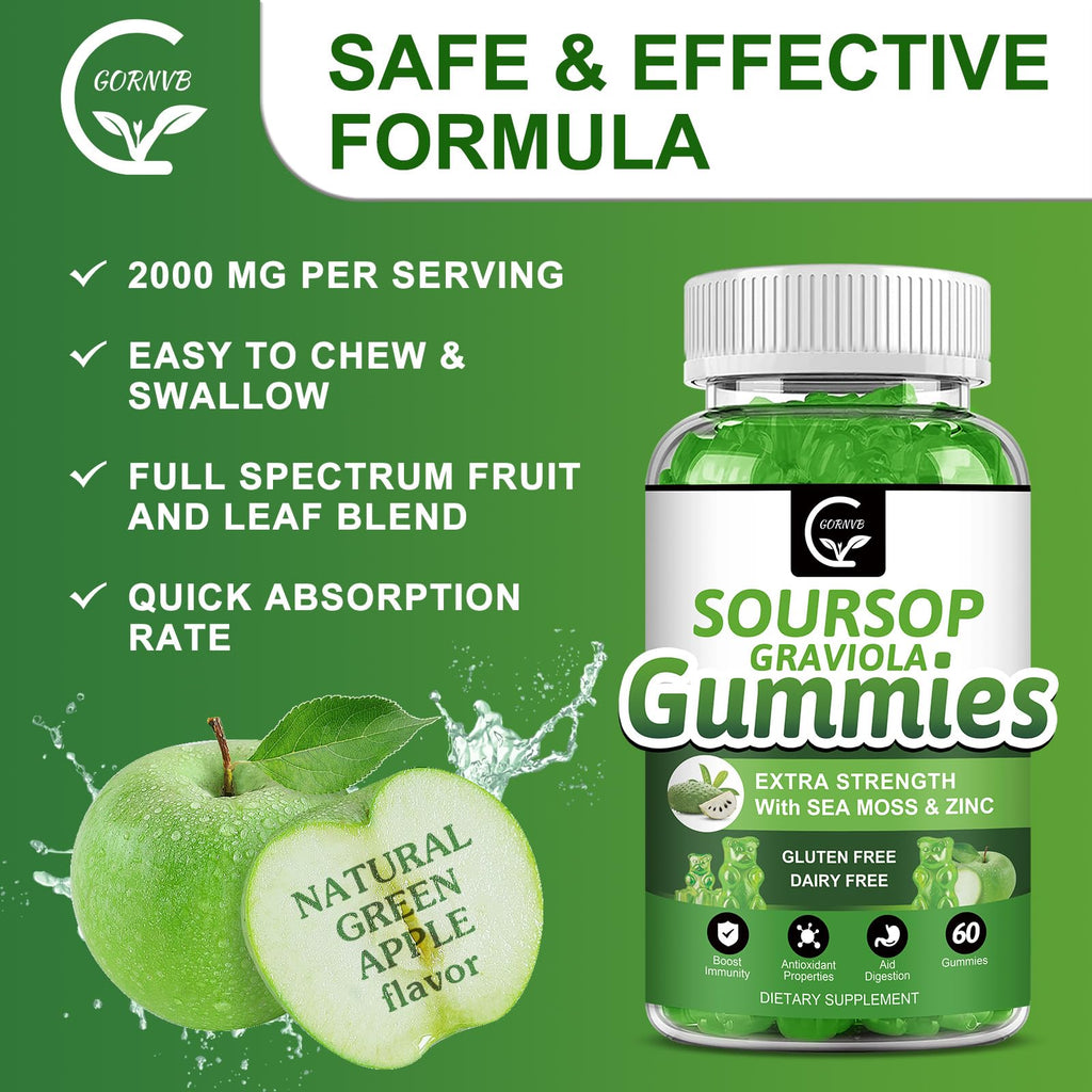Organic Soursop Graviola Gummies 2200mg with Sea Moss Zinc Vitamin C 60 Gummies H99073