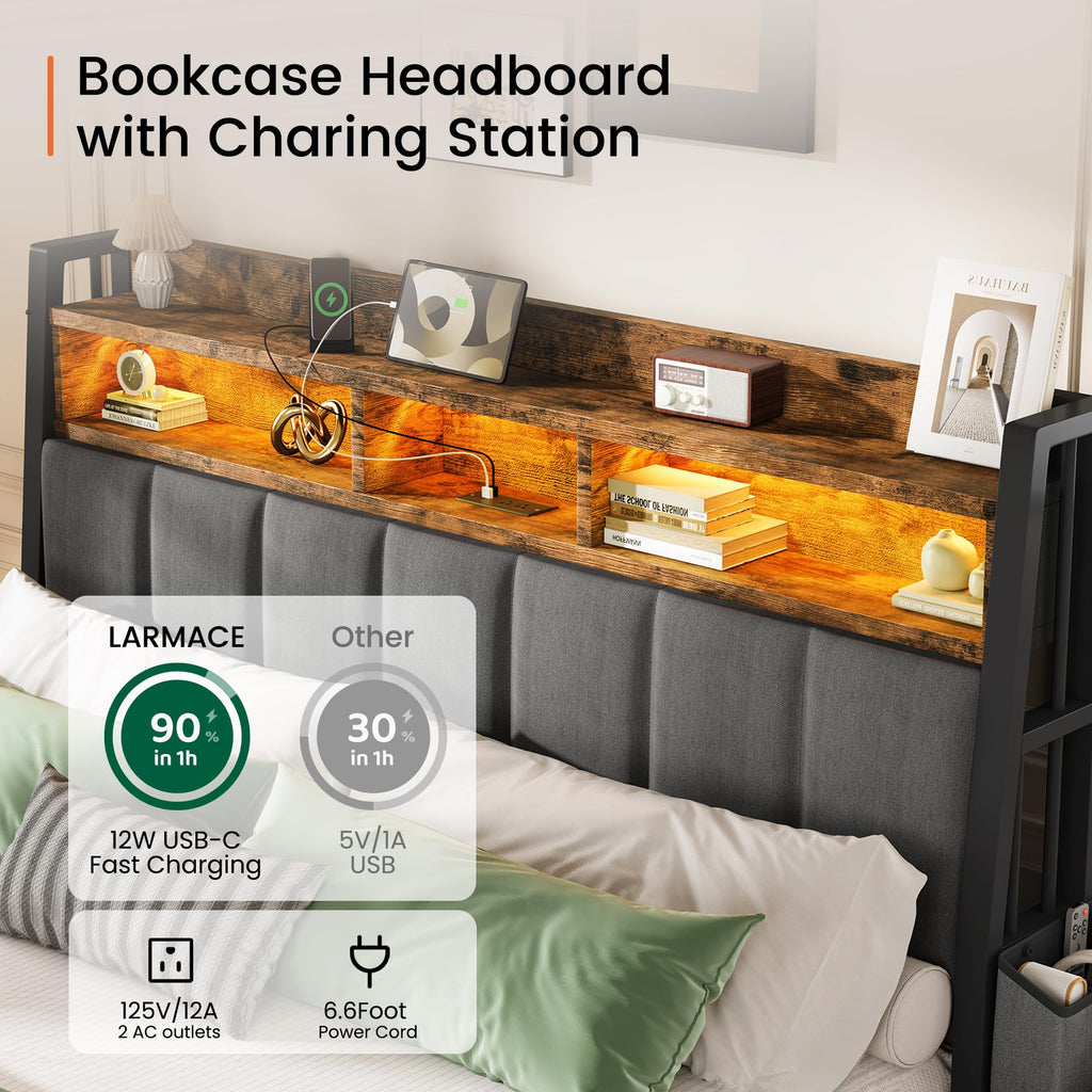 King Size Upholstered Bed Frame with 2 Storage Drawers and Charging Station O8863