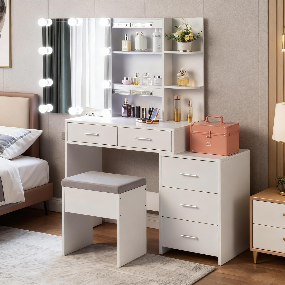 White Vanity Desk with Sliding Mirror A656999