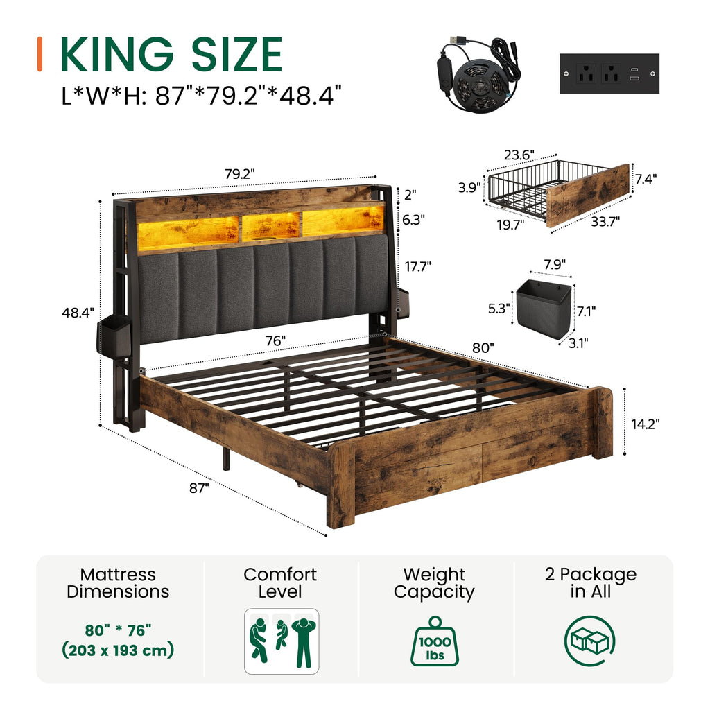 King Size Upholstered Bed Frame with 2 Storage Drawers and Charging Station O8863