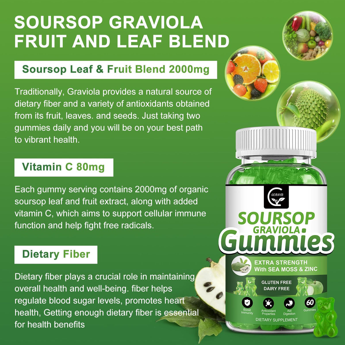Organic Soursop Graviola Gummies 2200mg with Sea Moss Zinc Vitamin C 60 Gummies H99073