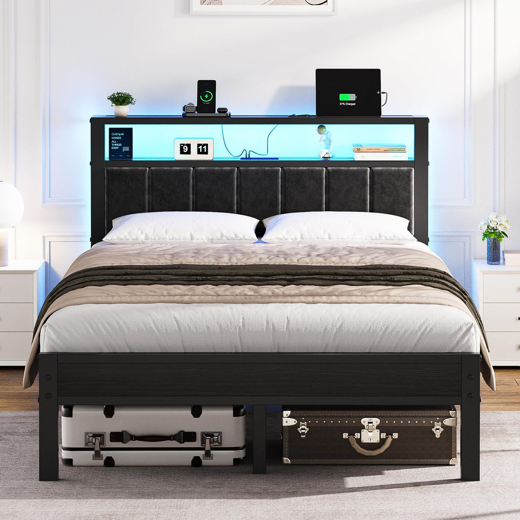 Full Size Bed Frame with LED Lights & Charging Station V611870