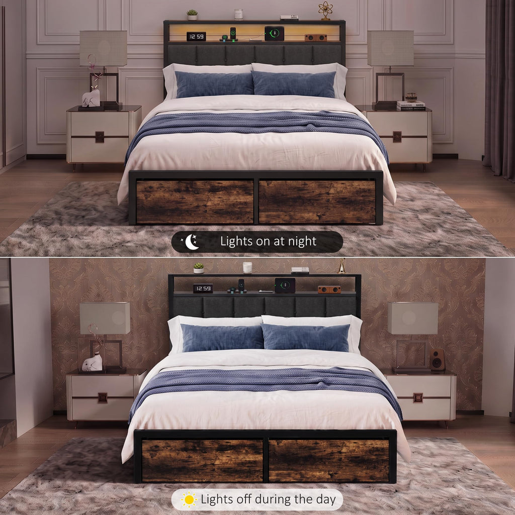 Full Bed Frame with Storage Drawers and LED Lights V682812