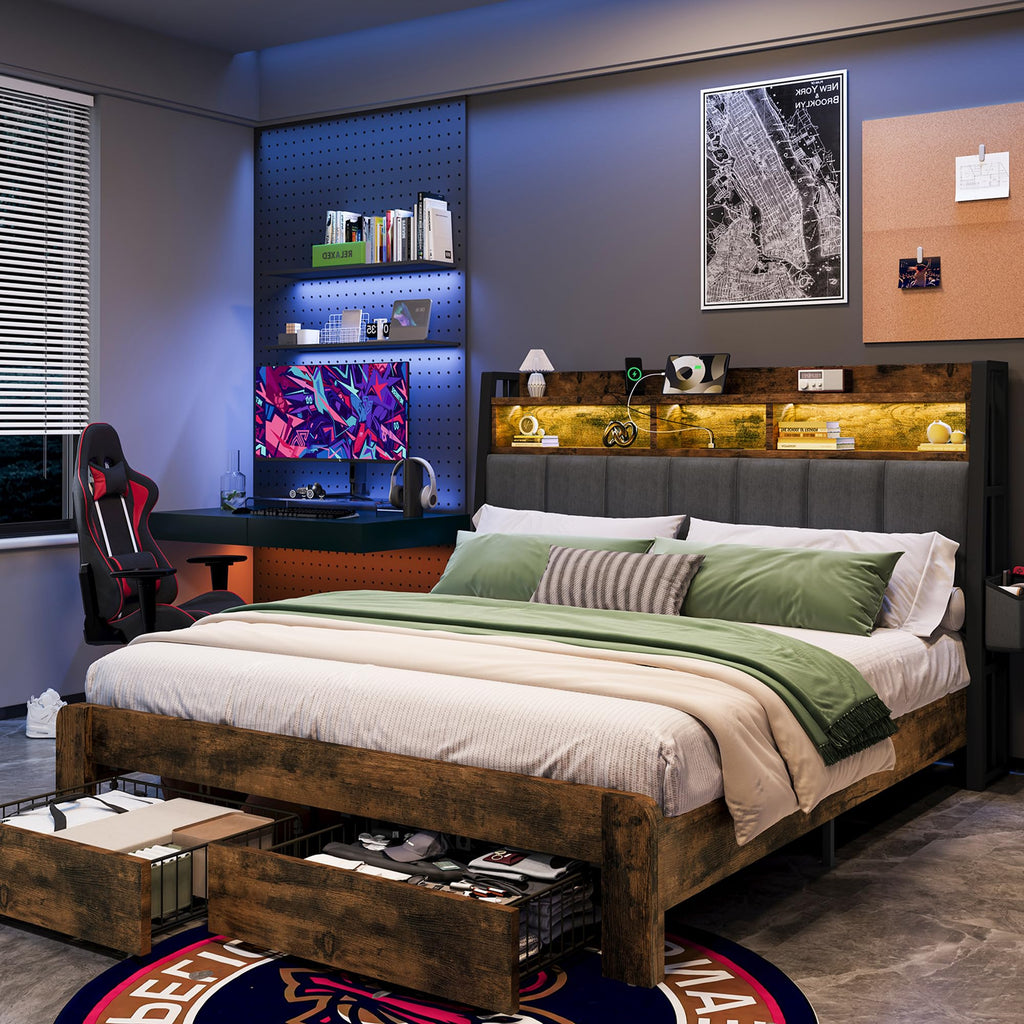 King Size Upholstered Bed Frame with 2 Storage Drawers and Charging Station O8863