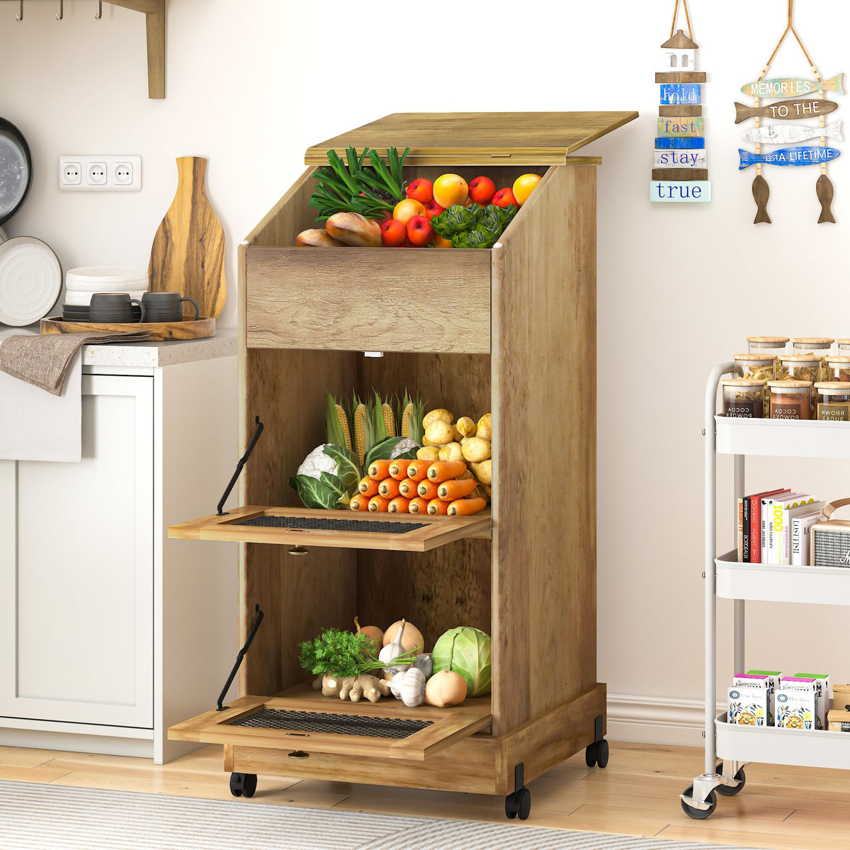 3 Tier Wooden Potato and Onion Storage Bin with Wheels Y6349