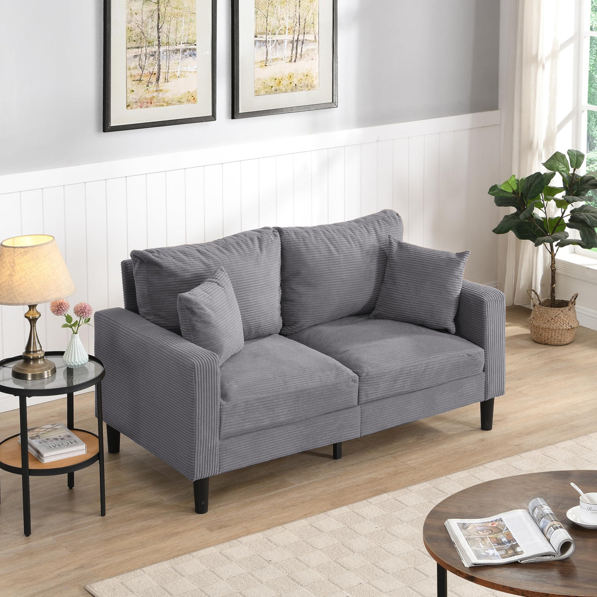 Oversized Corduroy Sofa with 2 Throw Pillows K73788