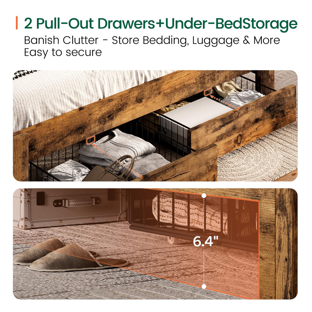 King Size Upholstered Bed Frame with 2 Storage Drawers and Charging Station O8863