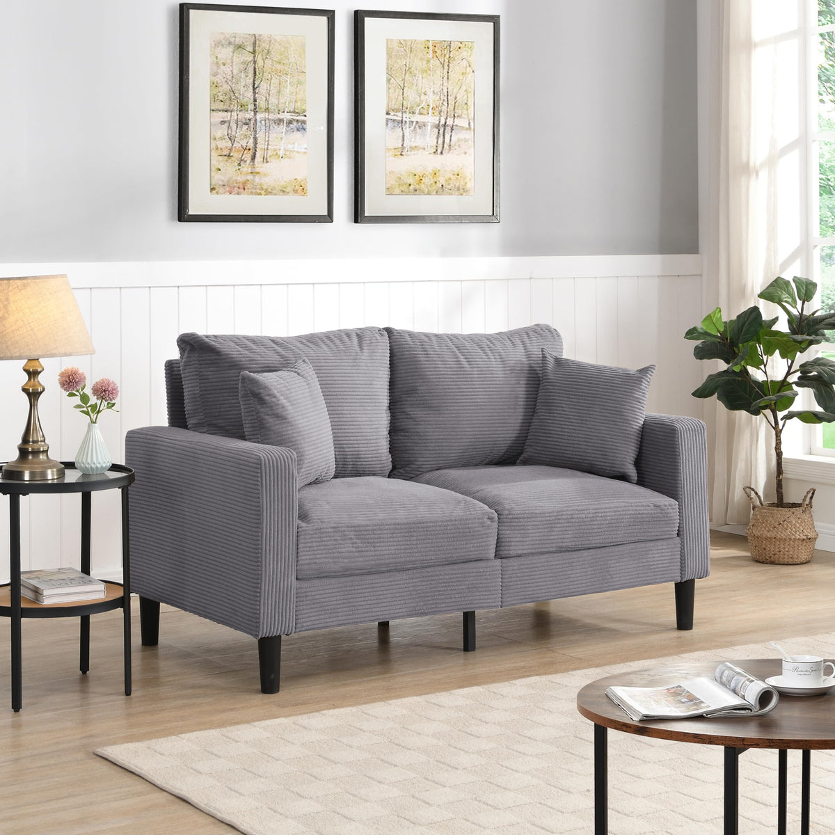 Oversized Corduroy Sofa with 2 Throw Pillows K73788
