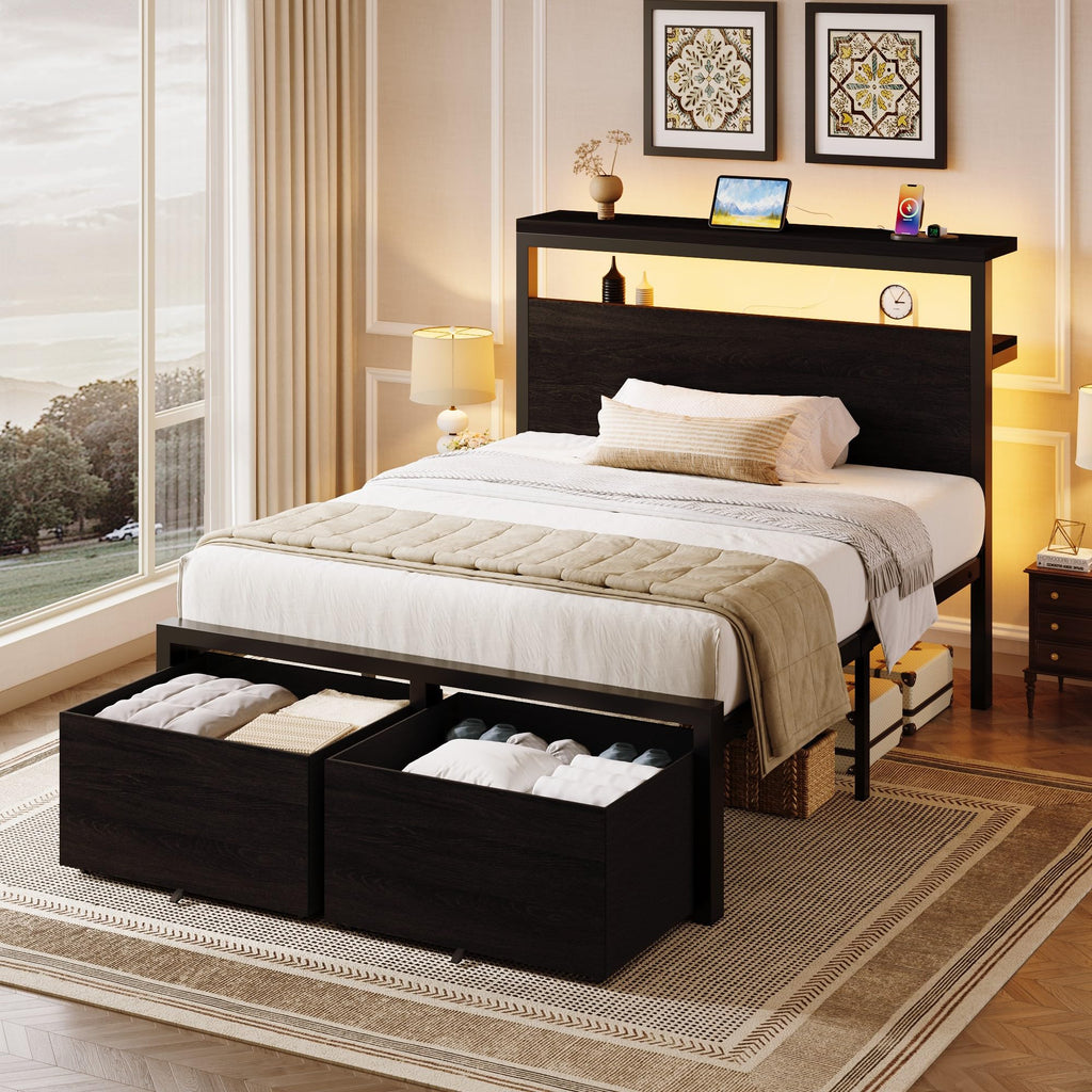 Twin LED Bed Frame with 2 Storage Drawers U892156
